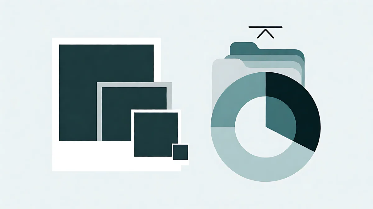 A dial representing a file-size budget next to a photo being scaled down and re-encoded